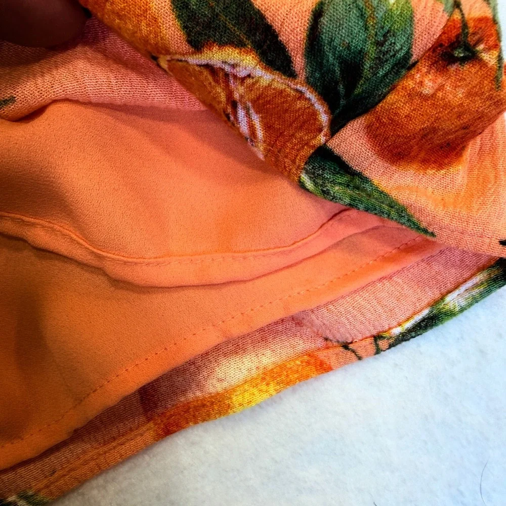 Loft Peach Orange Citrus Floral V-Neck Puff Sleeve Boho Cottagecore Blouse XL